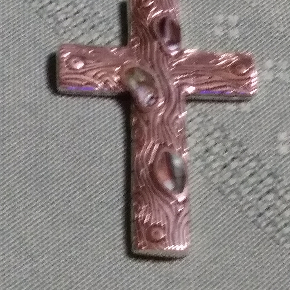 ABALONE INLAY, WOODLAND MOTIF. STERLING CROSS. 2" INCHES LONG. - Picture 6 of 7